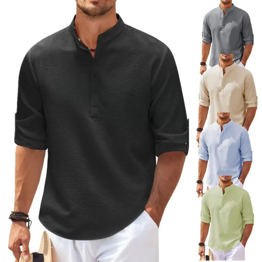 Men's stand collar shirt in pineapple texture polyester fabric, loose fit long sleeve, available in multiple colours