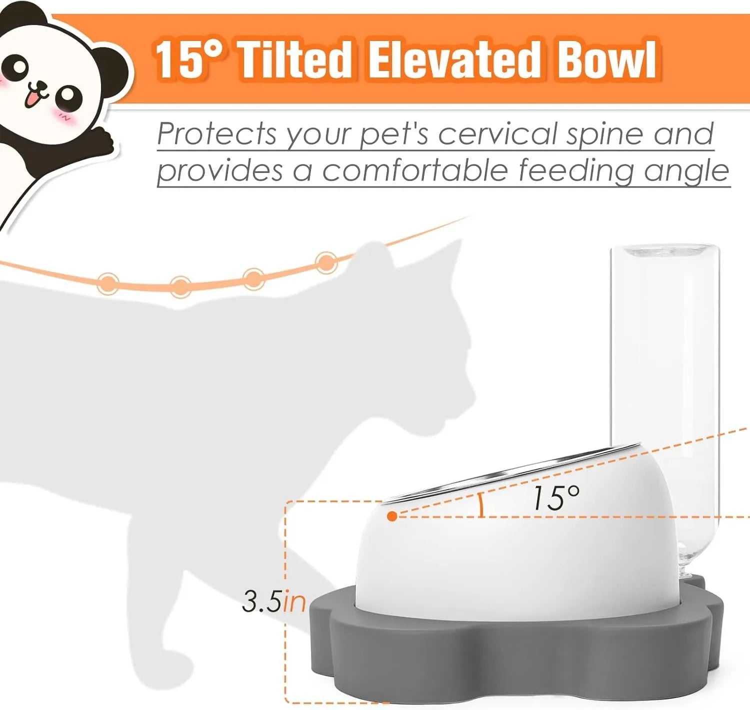 Elevated panda-shaped pet feeding bowl set with tilted stainless steel bowl and automatic water dispenser bottle
