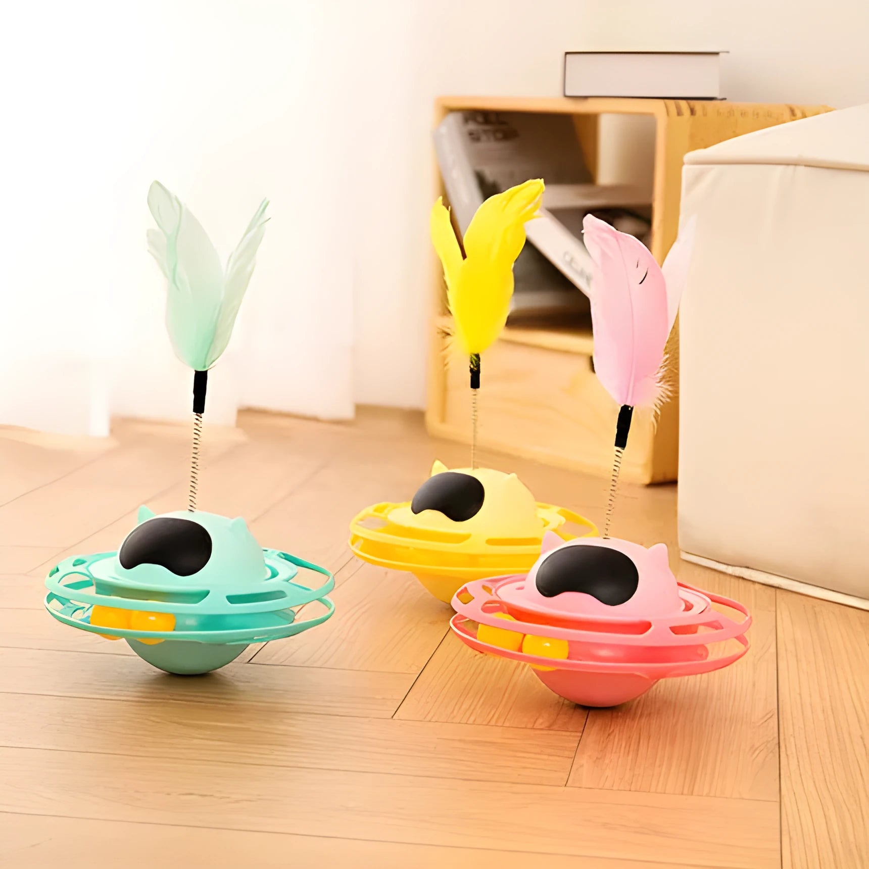 Pink cat tumbler turntable toy with self-hi stick measuring 17x10cm