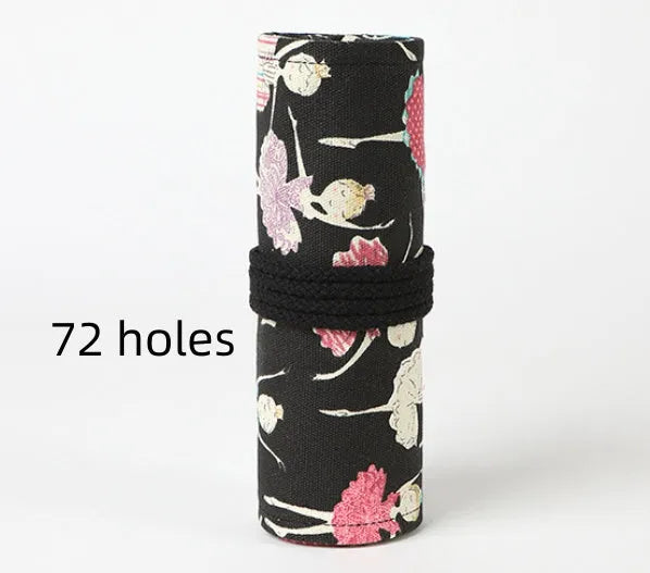 Canvas rolling pencil case with ballet girl print showing multiple pencil storage holes