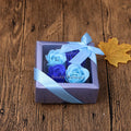 Heart shaped tin box with handmade soap flowers and small bear, available in red, pink, blue, or purple