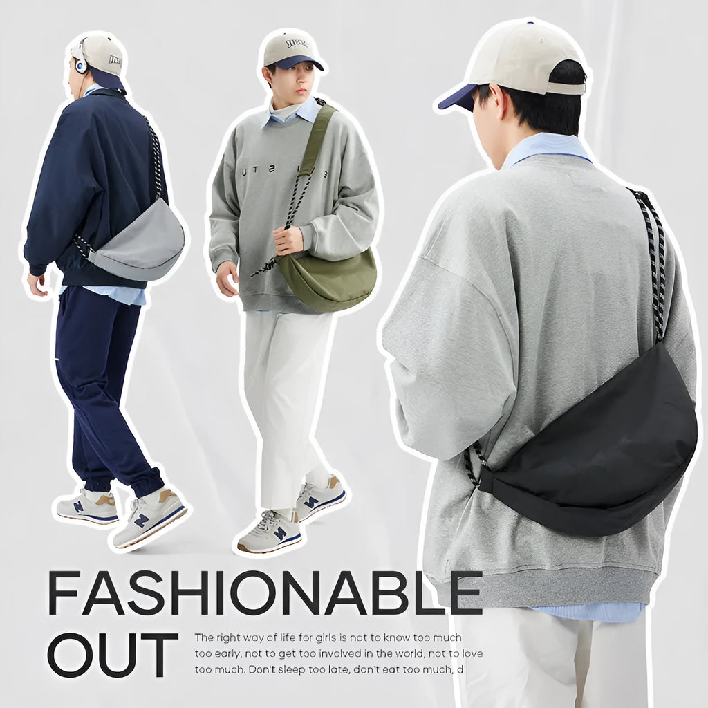 Men's large capacity nylon messenger bag in a solid colour for commuting.