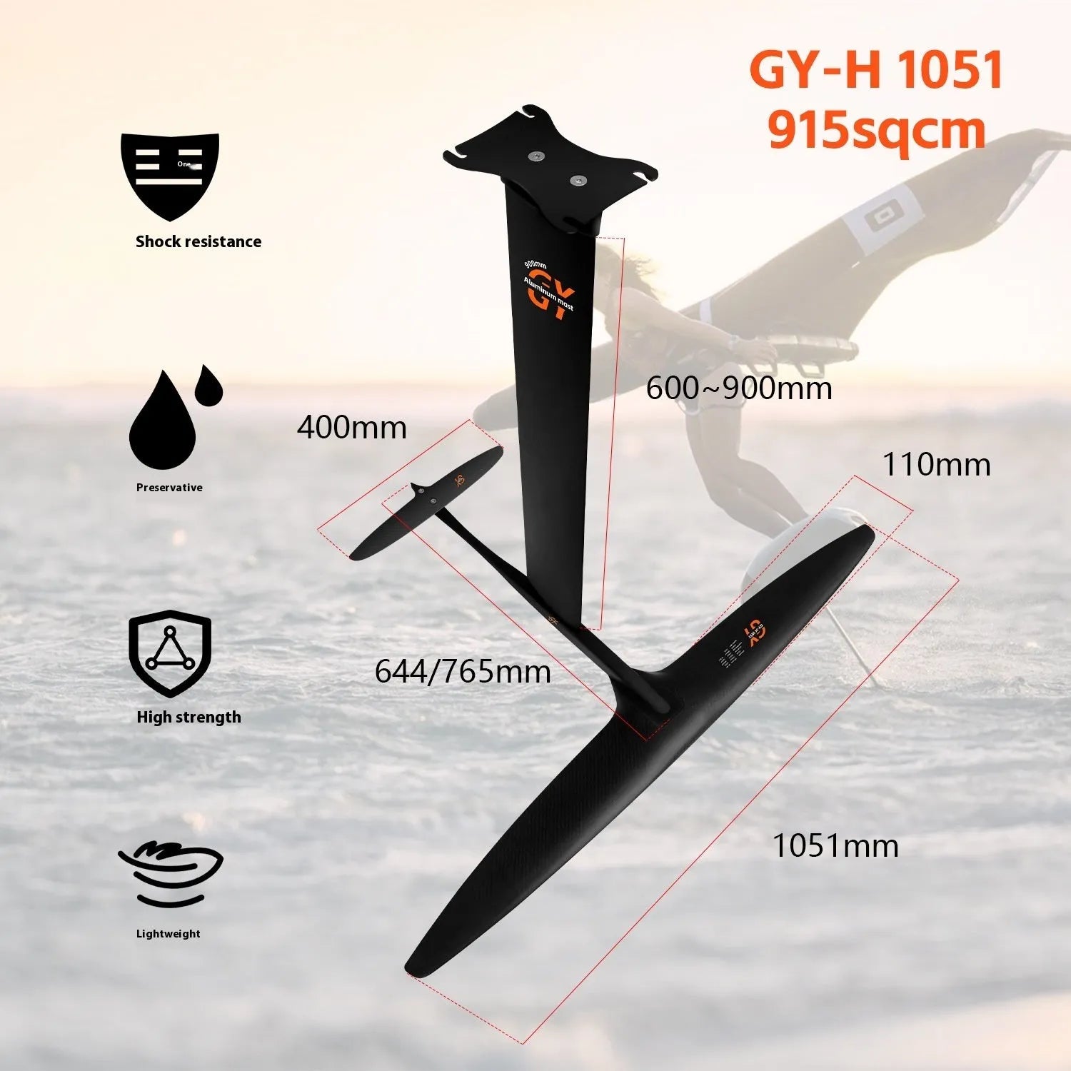 Black carbon fibre and aluminium alloy racing surf hydrofoil with large front wing.