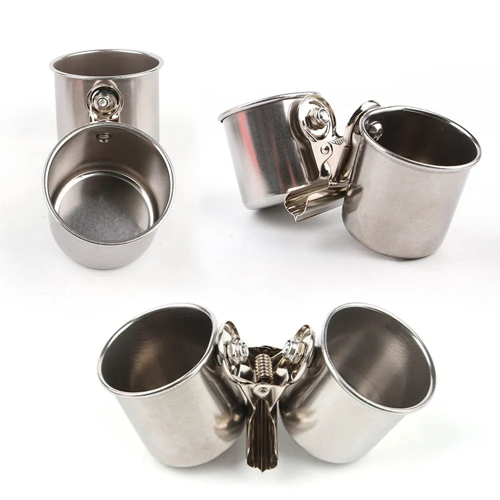Stainless steel birdcage food container outdoor feeder in natural metal colour.