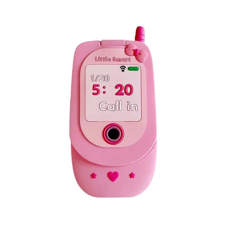 Light pink silicone flip phone shape mirror case for iPhone with cute cartoon design