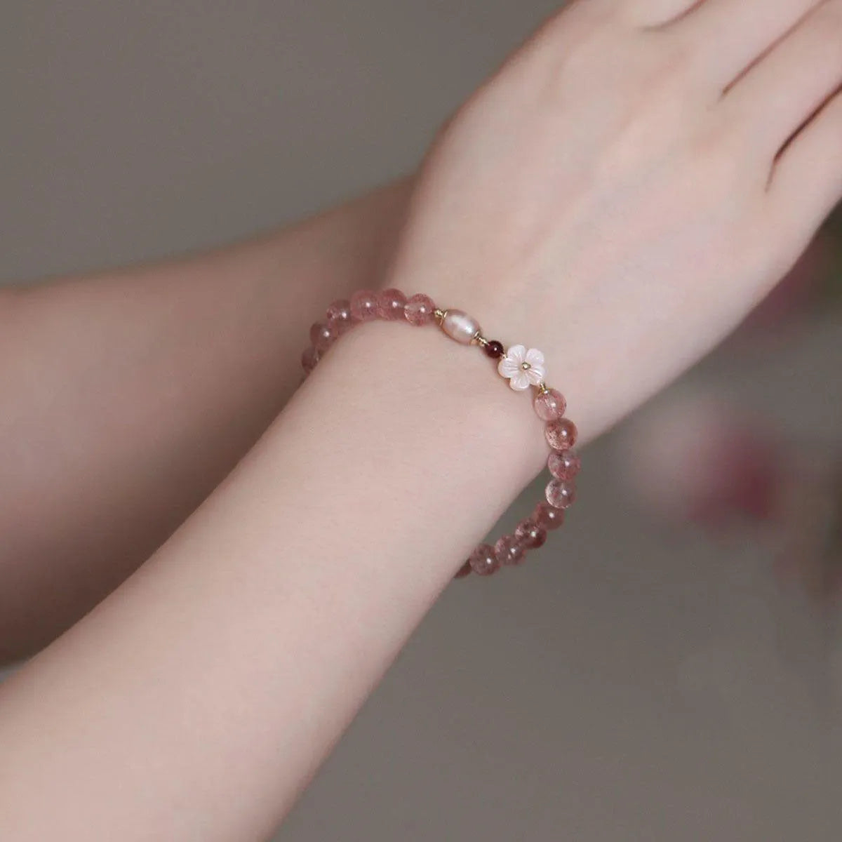 Strawberry quartz peach blossom bracelet with crystal flowers on adjustable silver chain