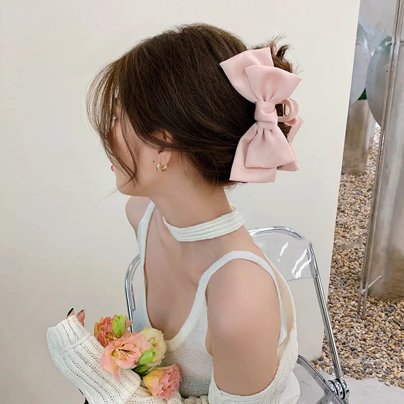 Plain colour XL bow ribbon hair claw grab clip cloth material black bow design