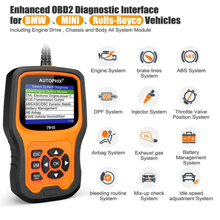 Autophix 7910 BMW OBD2 diagnostic scanner tool with display screen and connector cable for vehicle maintenance