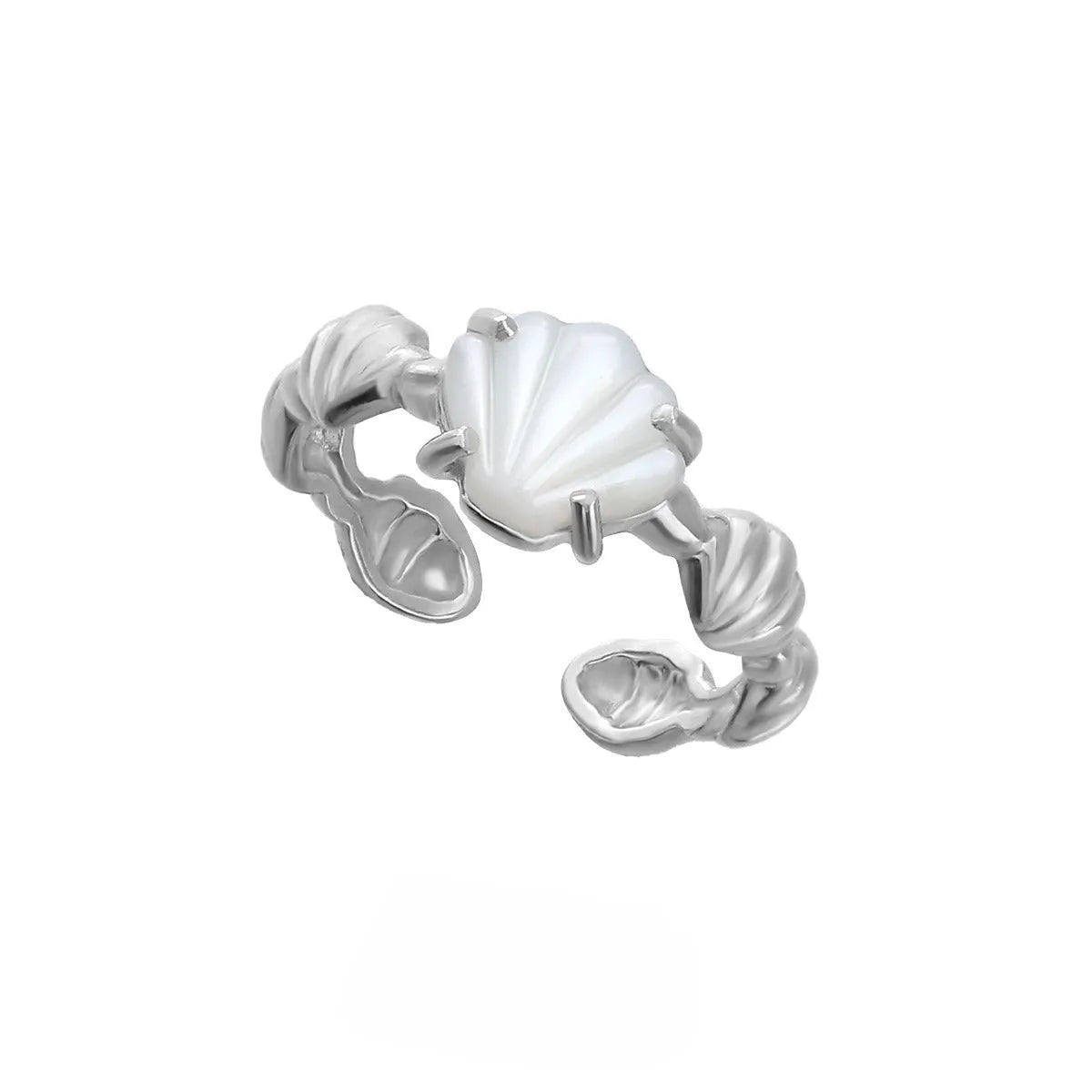 Women's adjustable silver ring with shell design and tiger eye accents in gold electroplated finish.