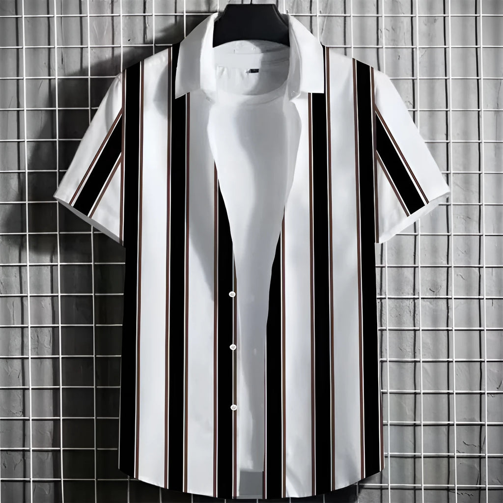 Men's striped short-sleeve linen shirt with 3D printed pattern in solid colour