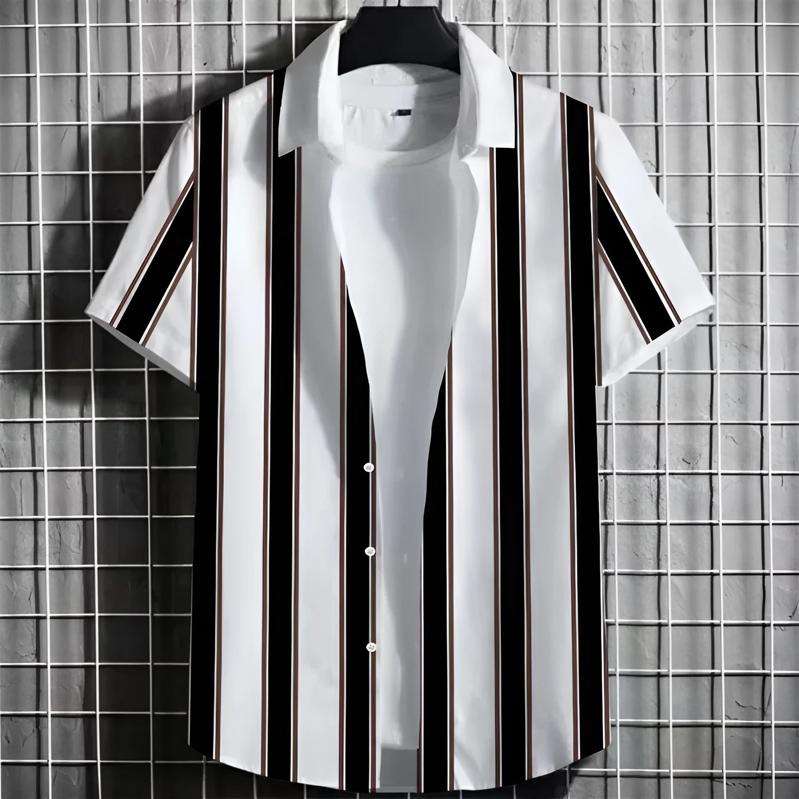 Men's striped short-sleeve linen shirt with 3D printed pattern in solid colour