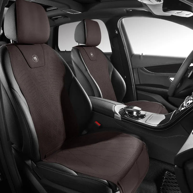 Tailored ultra thin leather car seat cover in breathable fur material on a car seat.