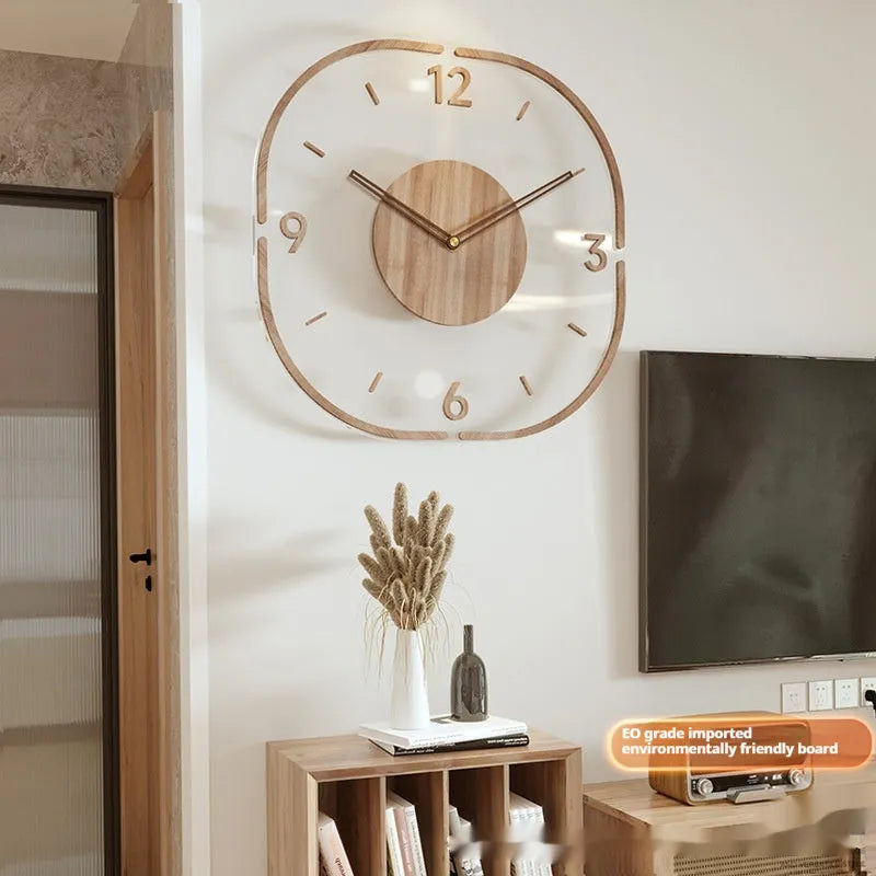 Wooden frame transparent wall clock with modern design showing clear time display