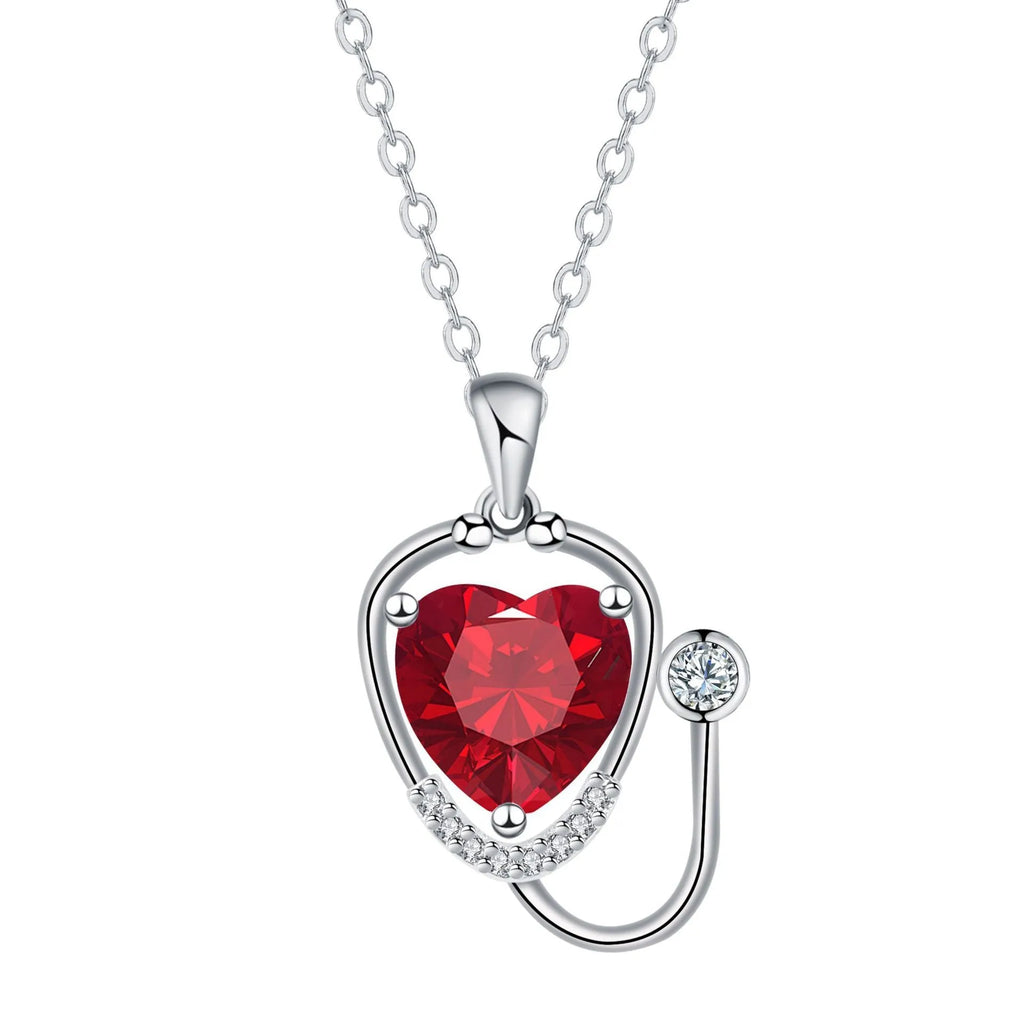 Women's copper stethoscope necklace with Red Diamond electroplated finish, medical-inspired pendant design