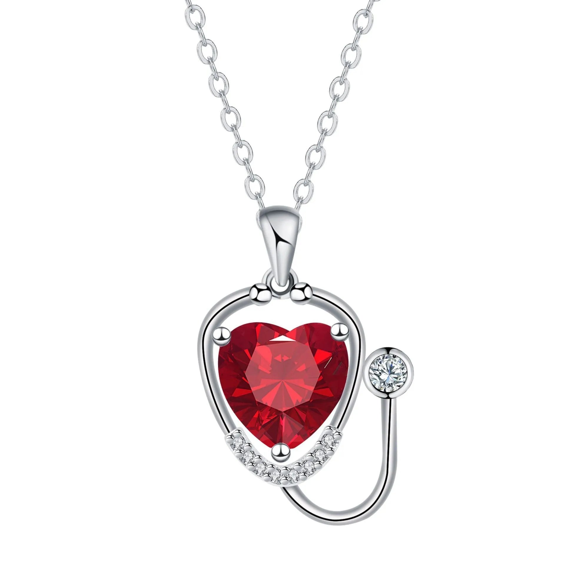 Women's copper stethoscope necklace with Red Diamond electroplated finish, medical-inspired pendant design