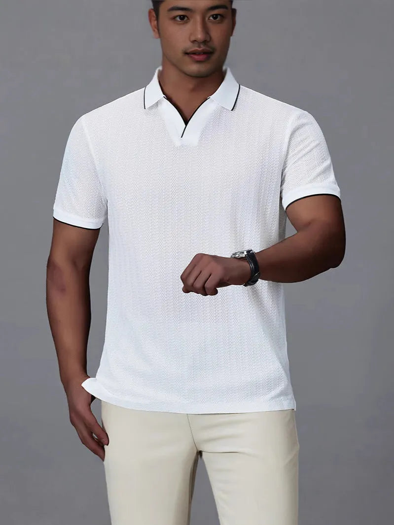 Men's short-sleeved polo shirt in black, loose fit thin nylon fabric with polo collar