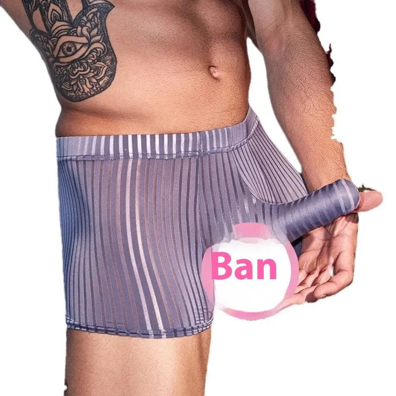 Men's black vertical stripe nylon boxer briefs laid flat