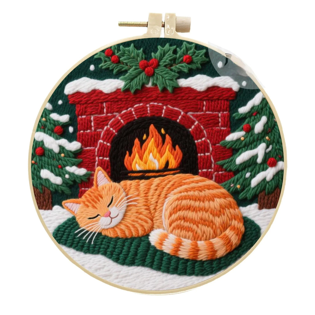 DIY cat embroidery kit with autumn fruit patterns on cotton and linen fabric including embroidery frame
