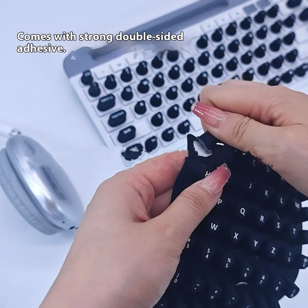70 anti-static silicone keyboard key cap stickers in black, clear, mint green, pink, and purple, 17x11x1.5mm each, for long nail typing protection