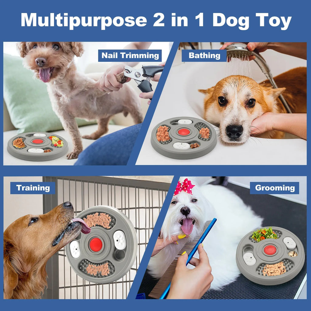 Grey and blue 23cm PP plastic slow feeder bowl with 2 in 1 lick mat surface and four anti slip pads for cats and dogs