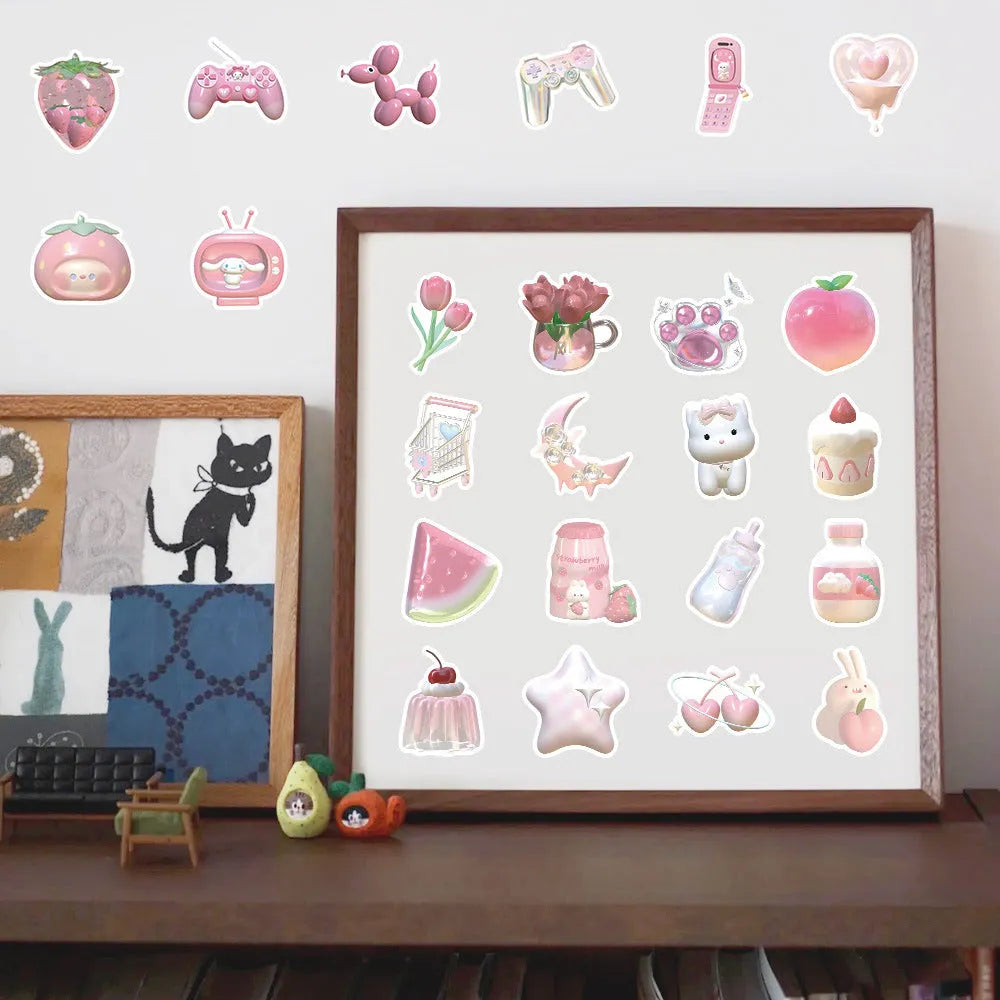 Pink girl heart 3D decorative stickers in two pattern variations, 63 pieces per pack