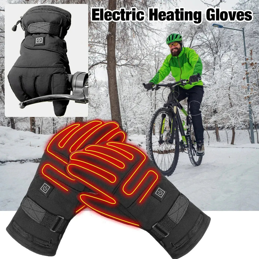 Pair of black electric heated gloves with touchscreen fingertips and zipped battery pocket, 28 cm length.