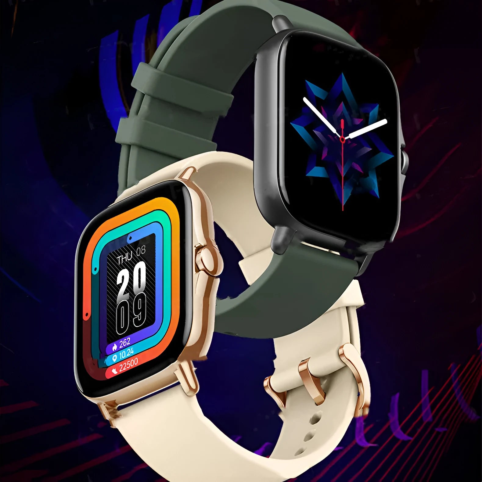 GT20 black and gold smartwatch with alloy case and silicone strap on wrist, showing touch screen interface.
