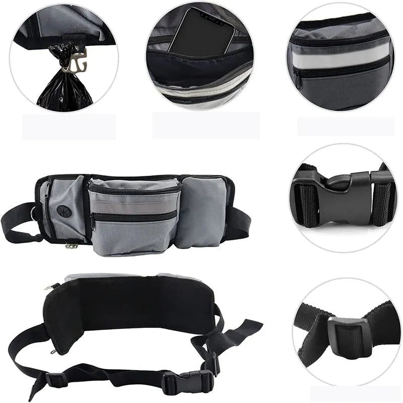 Polyester dog training fanny pack in black striped pattern on a neutral background