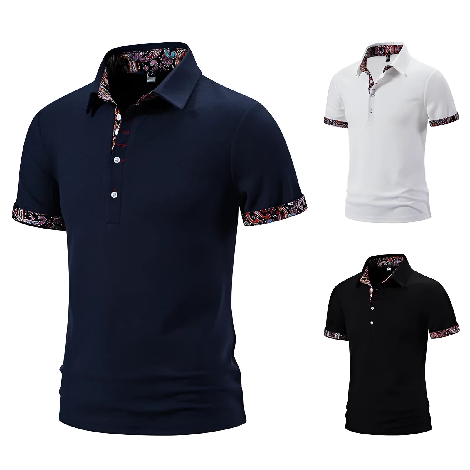 Men's short sleeve polo shirt with colour contrast stitching on turnover collar in cotton blend fabric
