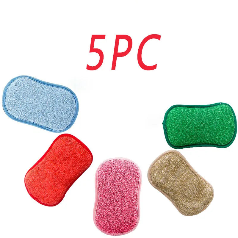 Double-sided kitchen cleaning sponge with microfiber scrub pad for washing bowls, pots and stainless steel surfaces