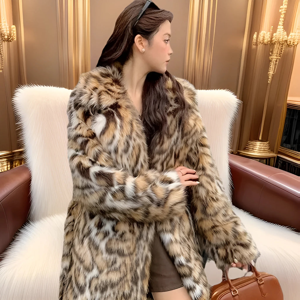 Women's artificial fur coat with collar in street fashion style showing pocket detailing