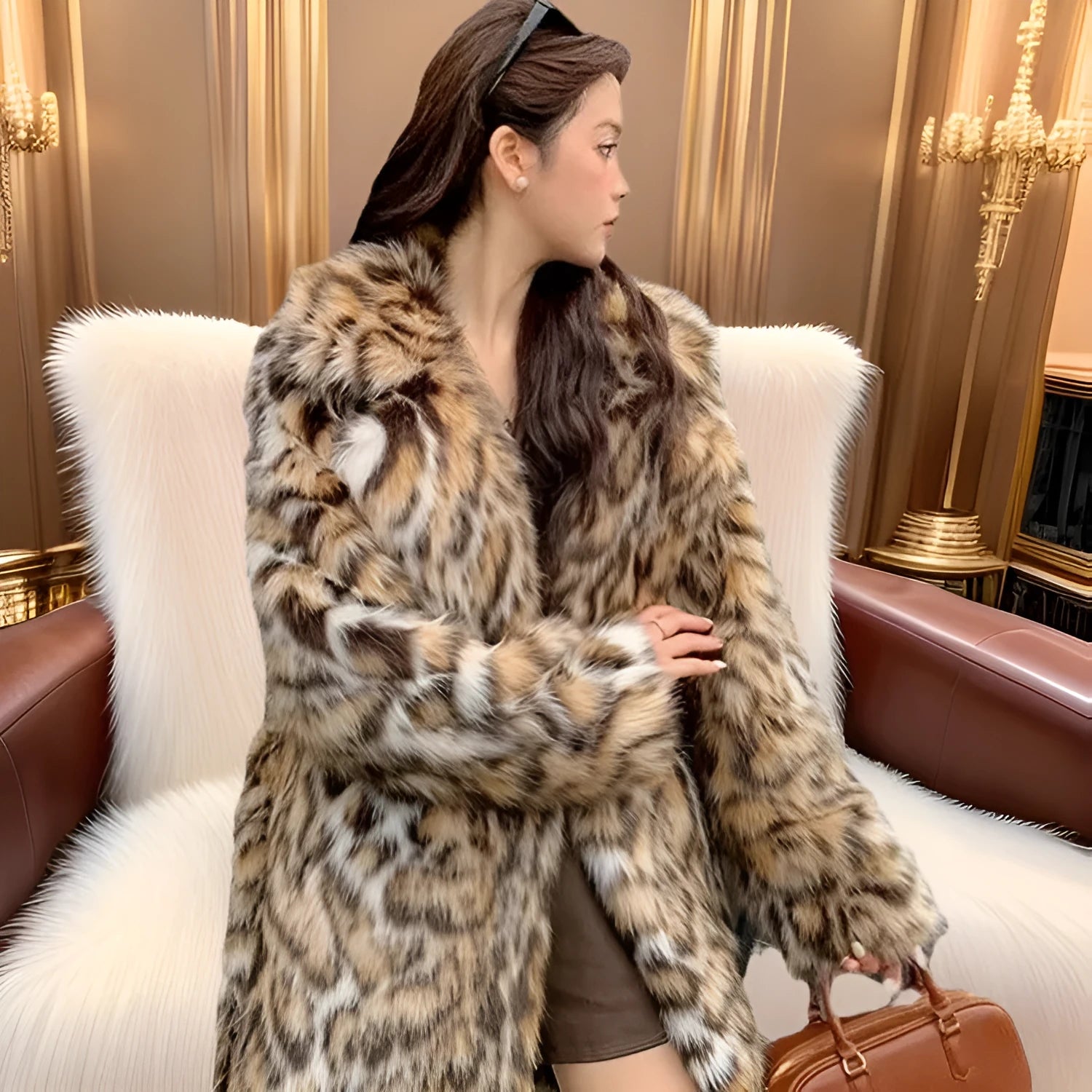 Women's artificial fur coat with collar in street fashion style showing pocket detailing
