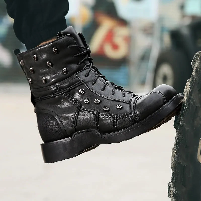 British personalized punk Martin boots for men in black first layer cowhide leather solid colour