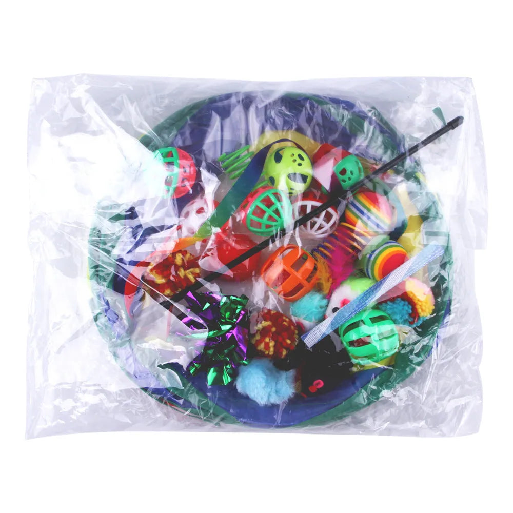 Plastic cat tunnel toy showing tubular channel design for feline play, with random colour accessories.