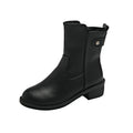 Black women's low heel ankle boots with a side zip and round toe on a rubber sole.