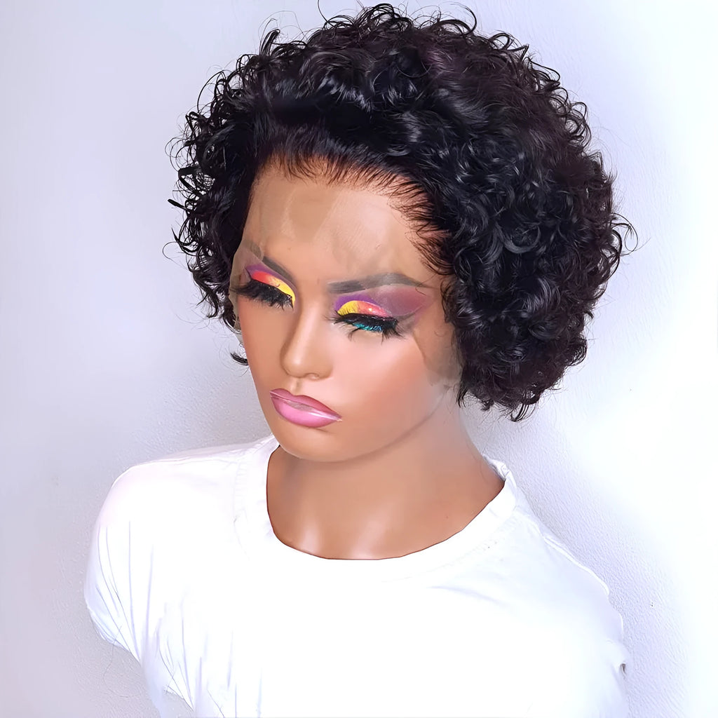 Black human hair pixie wig cover for women on a white background.