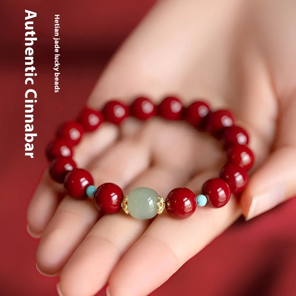 Purple Gold Sand Cinnabar and Hetian Jade unisex bracelet with geometric ellipse beads.