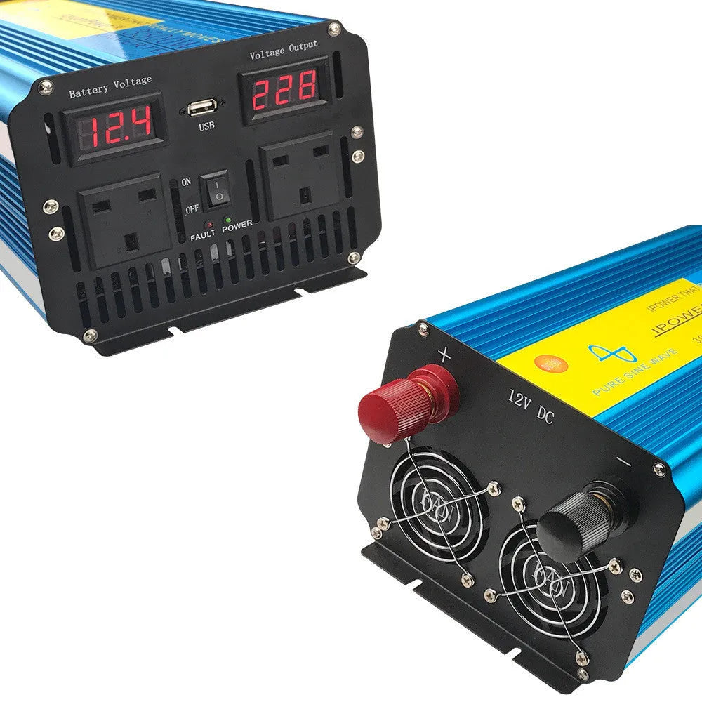 Blue 3000W pure sine wave power inverter with digital display and remote control for 12V/24V to 220V conversion