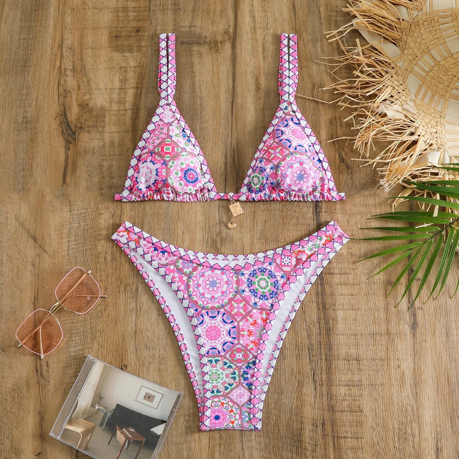 Women's retro four-colour printed polyester bikini set with European styling