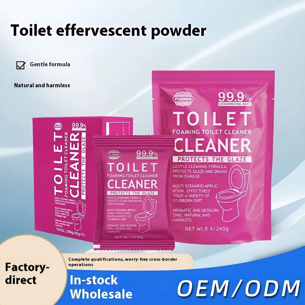 Toilet bubble descaling powder in blue ocean or pink floral fragrance, available in 240g bag or 5x40g sachet box