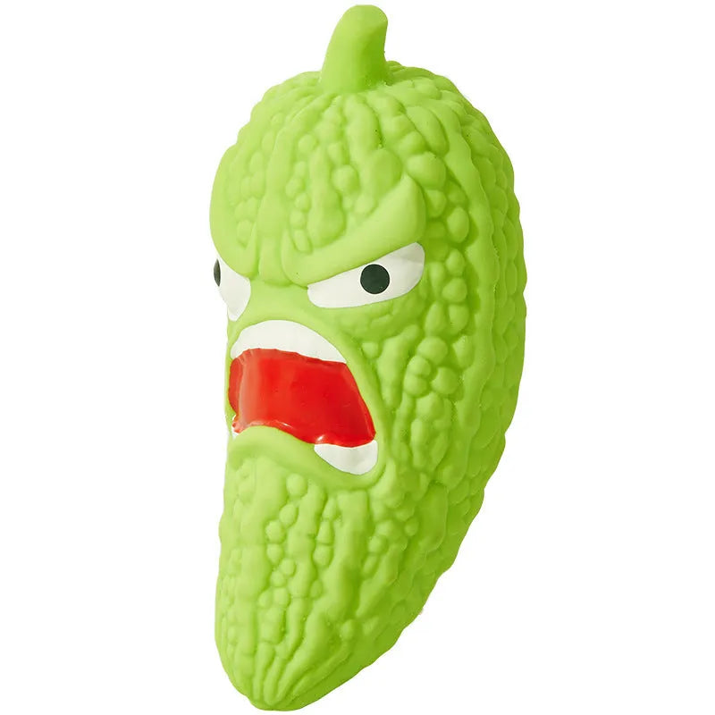 Bitter melon or chili shaped dog toy with textured surfaces for teeth cleaning and pet sound features