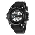 Digital wristwatch with resin strap showing backlight function and stopwatch display