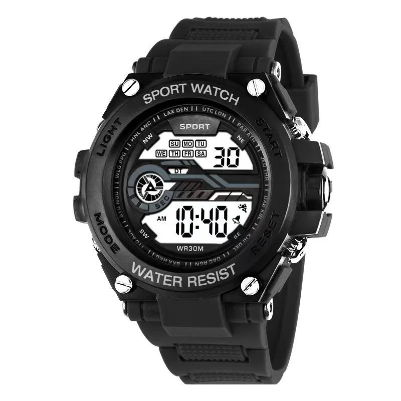 Digital wristwatch with resin strap showing backlight function and stopwatch display