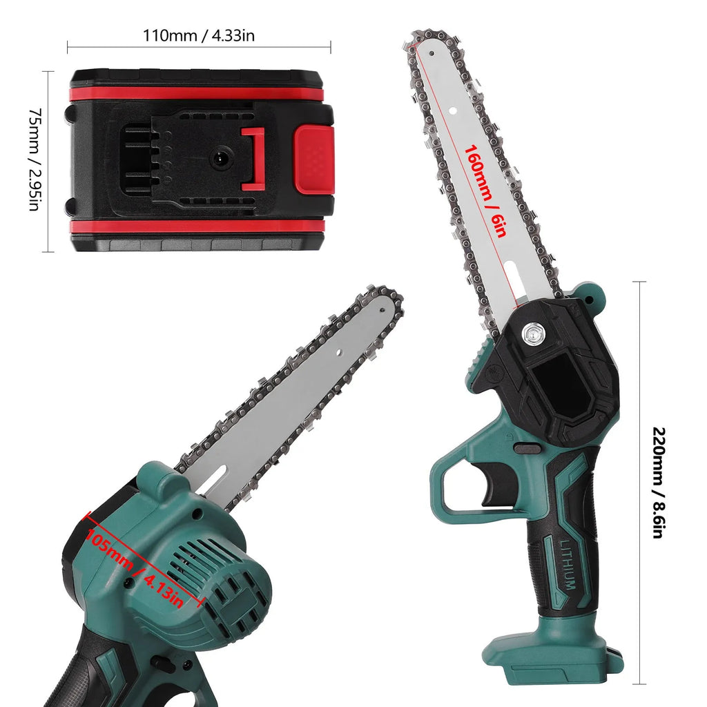 Black one-handed mini electric chainsaw with a 4-inch guide bar, shown with a lithium battery pack.
