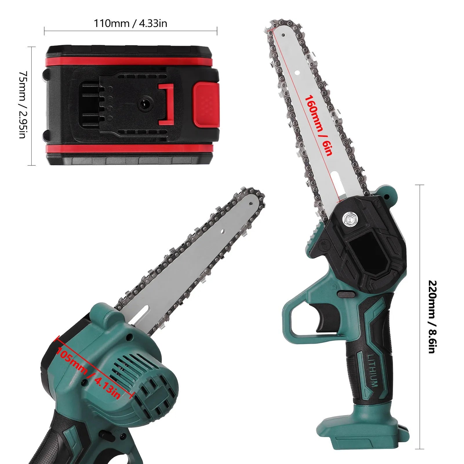 Black one-handed mini electric chainsaw with a 4-inch guide bar, shown with a lithium battery pack.