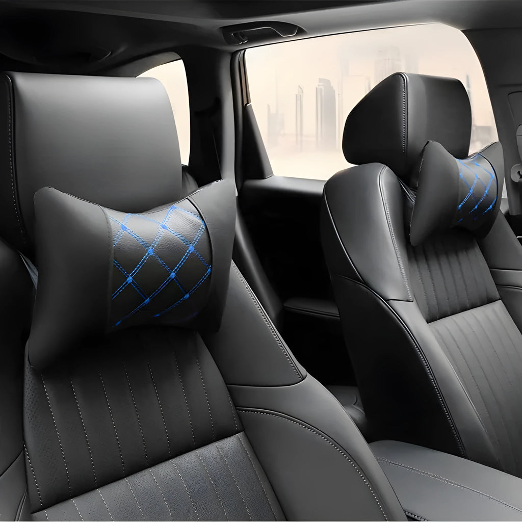 Black leather quilted car headrest pillow with diamond pattern and contrasting stitching