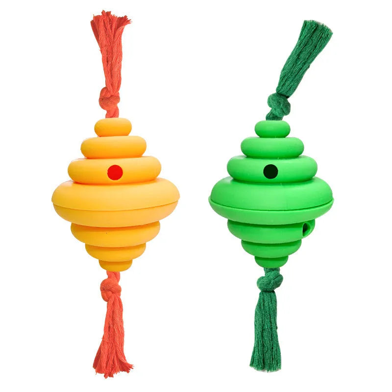 Green and yellow silicone dog ball with integrated rope, showing split spiral design for treat dispensing.