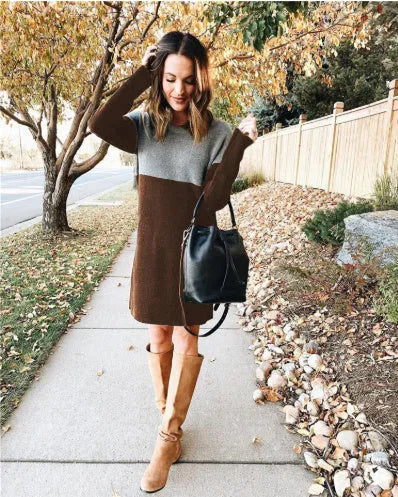 Brown women's patchwork sweater dress with princess silhouette and long sleeves in retro style