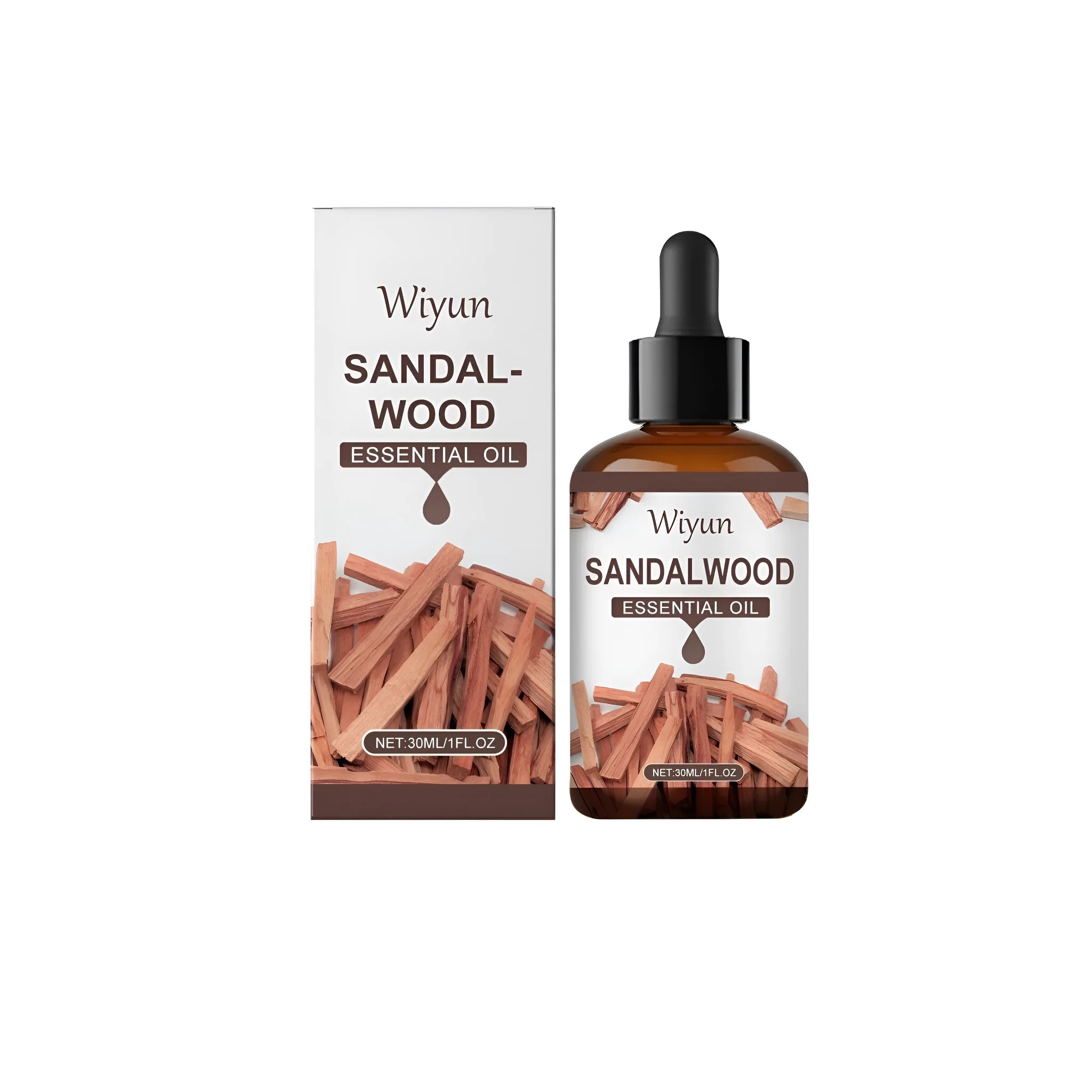 30ml brown glass bottle of sandalwood essential oil with a dropper on a wooden surface