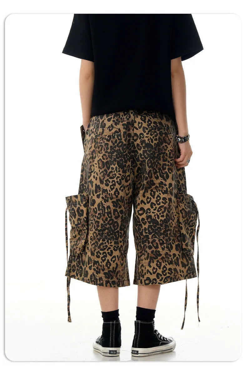 Leopard print high waist loose straight cropped pants on a hanger